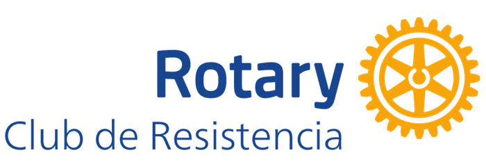 Logo de Rotary Club de Resistencia: texto azul y rueda dentada dorada de Rotary International